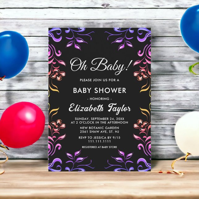 Elegant Modern Neon Ro Black Blommigt Baby Shower Inbjudningar (Skapare uppladdad)