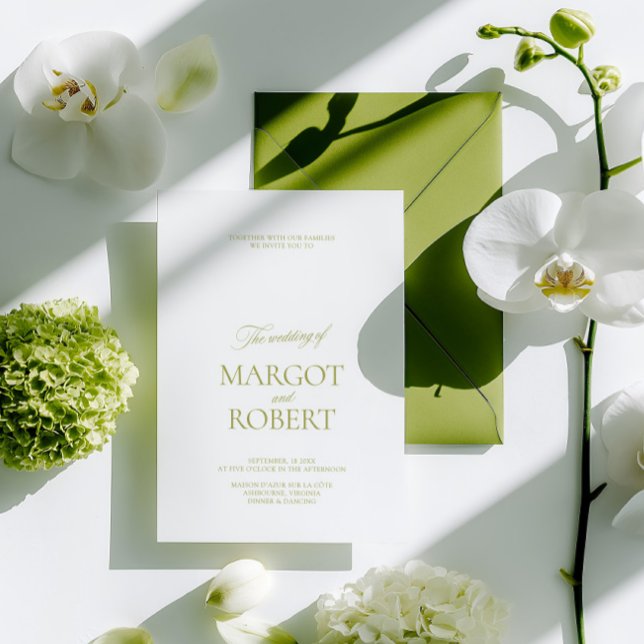 Elegant Modern Olivgrön & Vit Bröllop Inbjudningar (Elegant Modern Olive Green & White Wedding Invitation)