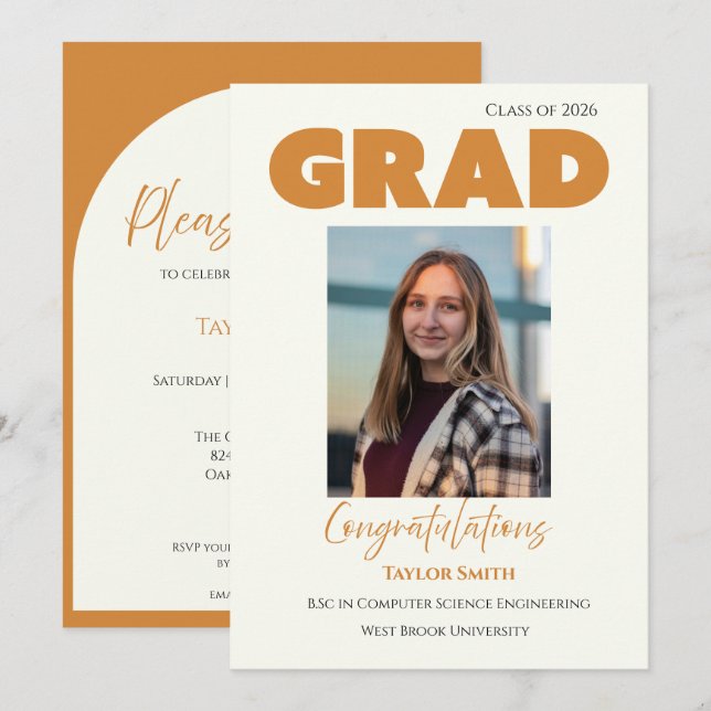 Elegant modern orange typsnitt på cremefärgad grad inbjudningar (Fram/baksida)