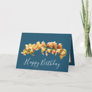 Elegant Modern Orchids Cyan Back Flower Birthday Kort