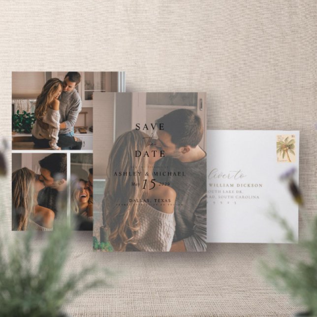Elegant Modern Overlay 4 Photo Typography Bröllop Spara Datumet (Save the Date!)