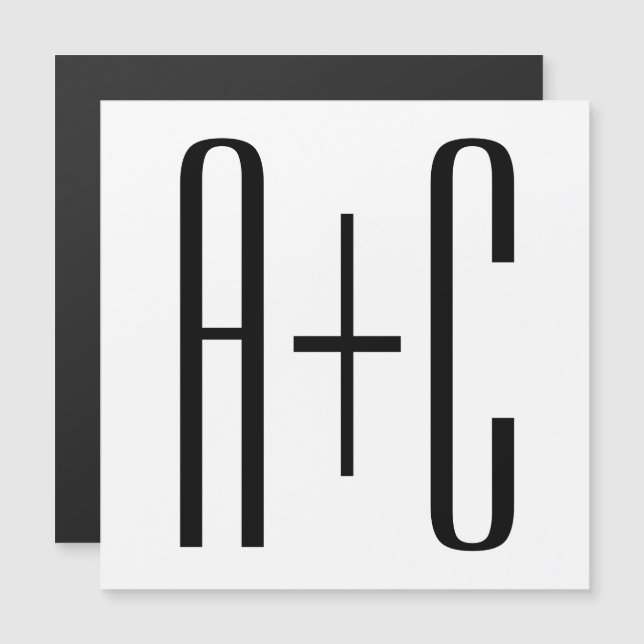 Elegant Modern Par Initialer | Vit och svart Magnetisk Inbjudningskort (Fram/baksida)