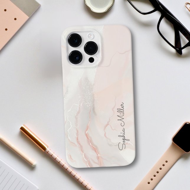 Elegant Modern Pärlmarmor Rosa Guld Med Namn (Elegant Pearl Marble Blush Pink Custom Name in Modern Script Phone Case)