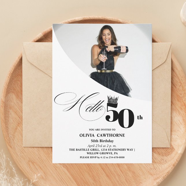 Elegant Modern Photo 50th Birthday White Black Inbjudningar (Skapare uppladdad)