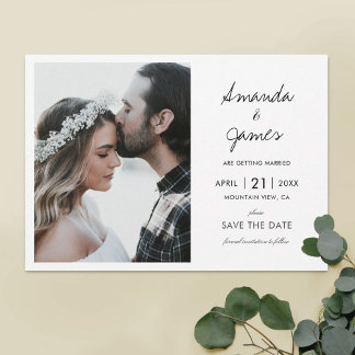 Elegant Modern Photo Black Script Bröllop Spara Datumet