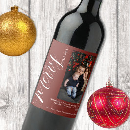 Elegant Modern Photo Holiday Tag |Merry Christmas Vinflaska Etikett