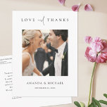 Elegant Modern Photo Tack Bröllop Vykort<br><div class="desc">Den här anpassningsbarna är bara en chic, ett bröllop tack för att du har ett vykort med elegant, minimalistisk och modern design. Framsidan har ditt favoritfoto, första namn och ett KÄRLEK och THANKS-meddelande som är framlagt med en slående blandning av två olika typsnitt, med "och" i ett ljus, flytande skript...</div>