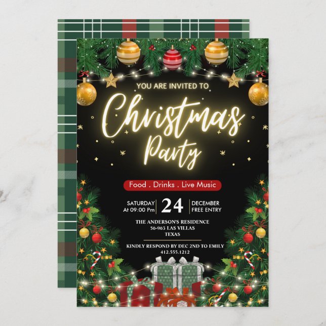 Elegant Modern Plaid Green Christmas Party  Inbjudningar (Fram/baksida)