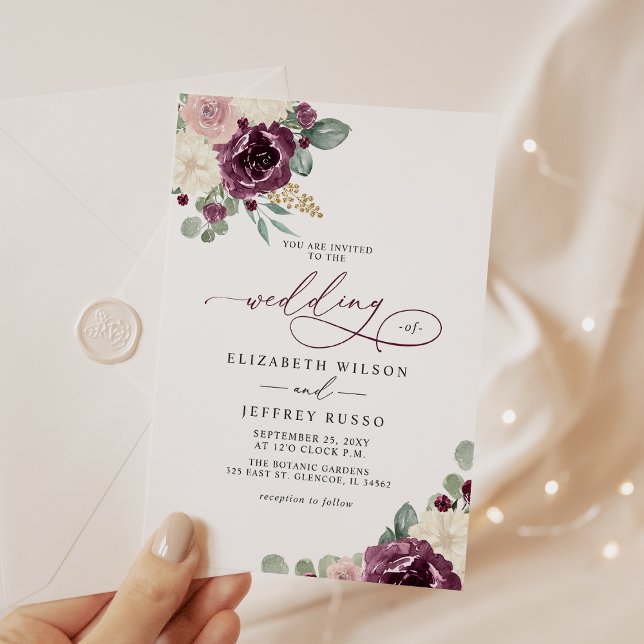 Elegant Modern Plum Gold Botanical Floral Wedding Inbjudningar (Elegant Modern Plum Gold Botanical Floral Wedding Invitation)