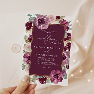Elegant Modern Plum Gold Botanical Floral Wedding Inbjudningar