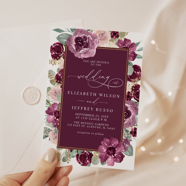 Elegant Modern Plum Gold Botanical Floral Wedding Inbjudningar (Elegant Modern Plum Gold Botanical Floral Wedding Invitation)