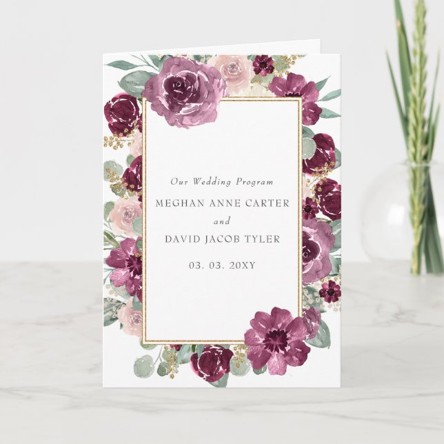 Elegant Modern Plum Gold Botanical Floral Wedding Program (Framsida)