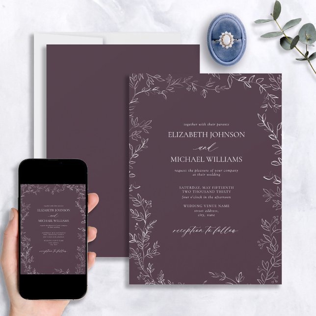 Elegant Modern Plum Lila Minimal Löv Bröllop Inbjudningar (Skapare uppladdad)