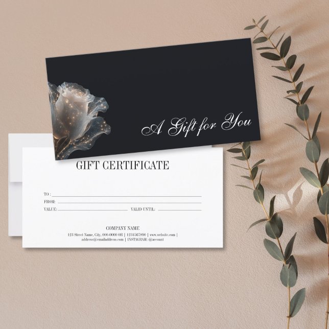 Elegant Modern Professionell Gift-certifikat (elegant glitter white rose on the black background, gift certificate)