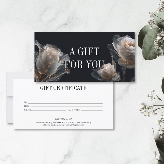 Elegant Modern Professionell Gift-certifikat (elegant glitter white rose on the black background, gift certificate)