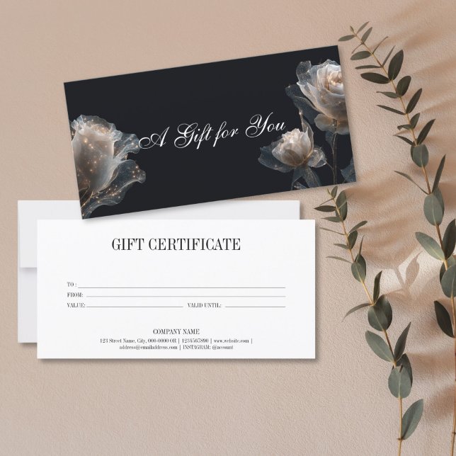 Elegant Modern Professionell Gift-certifikat (elegant glitter white rose on the black background, gift certificate)