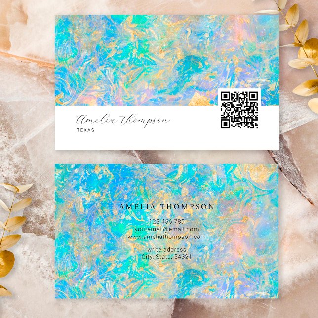 Elegant Modern Qr Code Guld Opal Sten Visitkort (Front and Back)