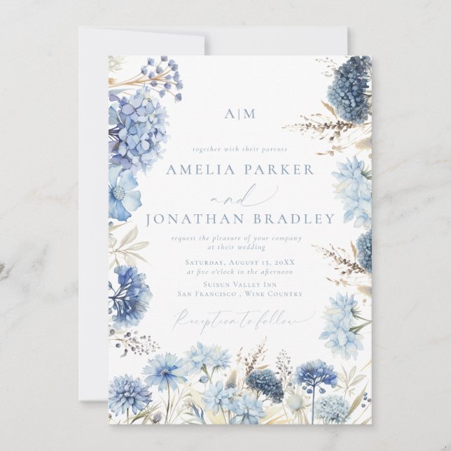 Elegant Modern QR-kod Dusty Blue Blommigt Bröllop Inbjudningar (Framsida)