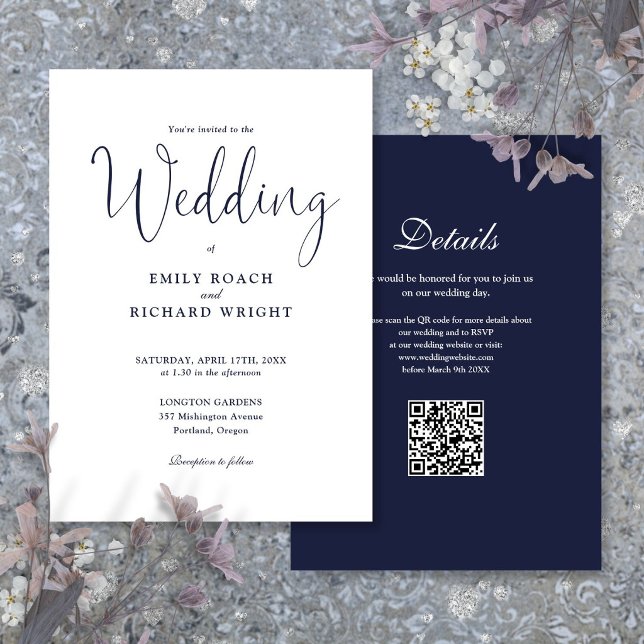 Elegant Modern QR-kod Navyblå Bröllop Inbjudningar (Elegant Modern QR Code Navy Blue Wedding Invitation)