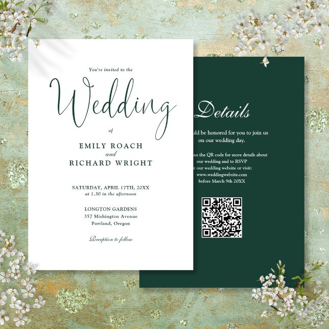 Elegant Modern QR-kod Smaragdgrön Bröllop Inbjudningar (Elegant Modern QR Code Emerald Green Wedding Invitation)