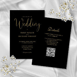 Elegant Modern QR-kod Svart Och Guld Bröllop Inbjudningar