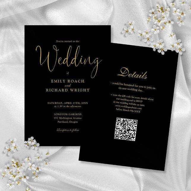 Elegant Modern QR-kod, svart och Guld Bröllop Inbjudningar (Elegant Modern QR Code Black And Gold Wedding Invitation)