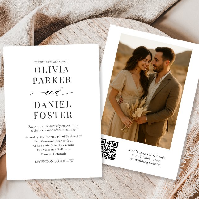Elegant Modern QR-kodfoto Bröllop Inbjudningar (Skapare uppladdad)