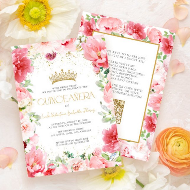 Elegant Modern QR Rosa Blommigt Guld Quinceañera Inbjudningar (Skapare uppladdad)