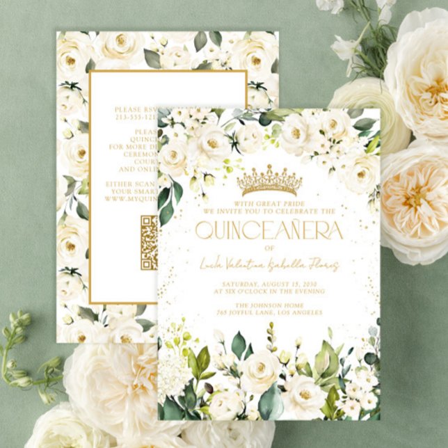Elegant Modern QR White Guld Blommigt Quinceañera Inbjudningar (Skapare uppladdad)