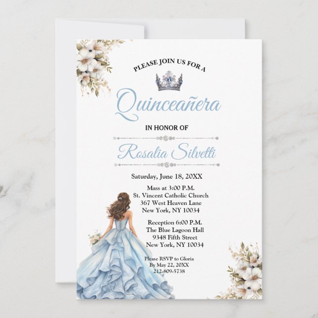 Elegant Modern Quinceanera Blue och Silver Inbjudningar (Framsida)