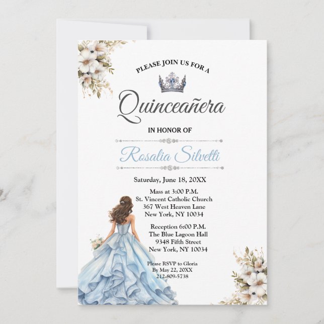 Elegant Modern Quinceanera Blue och Silver Inbjudningar (Framsida)
