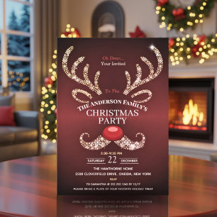 Elegant Modern Red and Guld Reindeer jul Inbjudningar