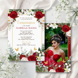 Elegant Modern Red Blommigt med Photo Quinceañera Inbjudningar