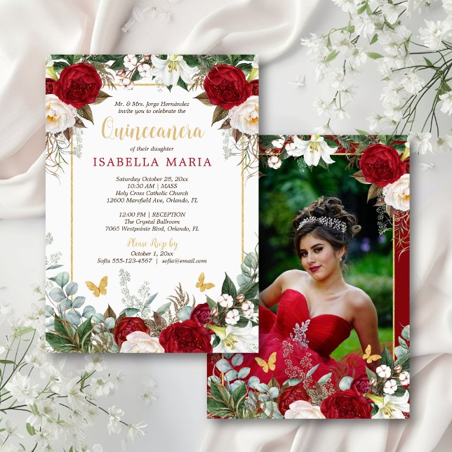 Elegant Modern Red Blommigt med Photo Quinceañera Inbjudningar (This quince invite features red and white watercolor roses and a photo on the back.)