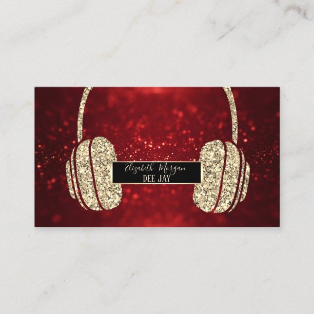 Elegant Modern Red Bokeh Glitter Headphone DJ Visitkort (Framsida)