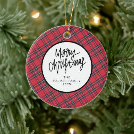 Elegant Modern Red Plaid Christmas Family Photo Julgransprydnad Keramik