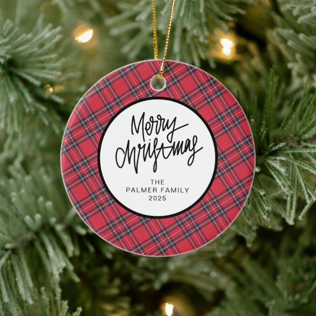 Elegant Modern Red Plaid Christmas Family Photo Julgransprydnad Keramik (Träd)