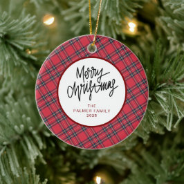 Elegant Modern Red Plaid Christmas Family Photo Julgransprydnad Keramik