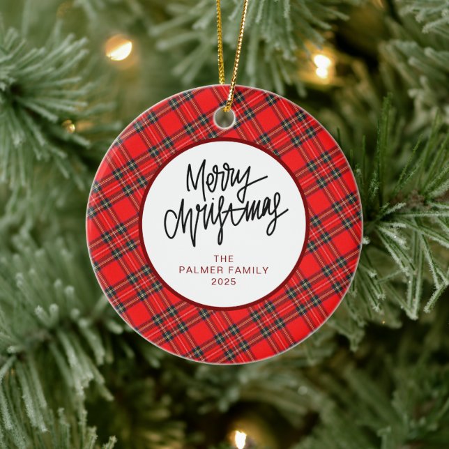 Elegant Modern Red Plaid Christmas Family Photo Julgransprydnad Keramik (Träd)