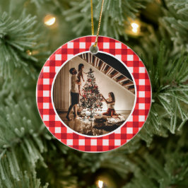 Elegant Modern Red Plaid Christmas Family Photo Julgransprydnad Keramik