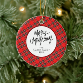Elegant Modern Red Plaid Christmas Family Photo Julgransprydnad Keramik