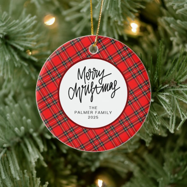 Elegant Modern Red Plaid Christmas Family Photo Julgransprydnad Keramik (Träd)