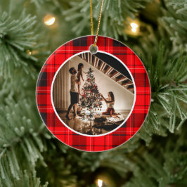 Elegant Modern Red Plaid Christmas Family Photo Julgransprydnad Keramik