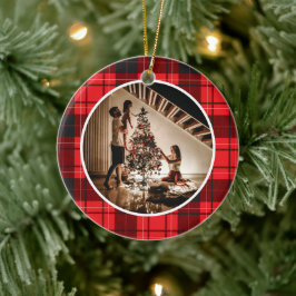 Elegant Modern Red Plaid Christmas Family Photo Julgransprydnad Keramik