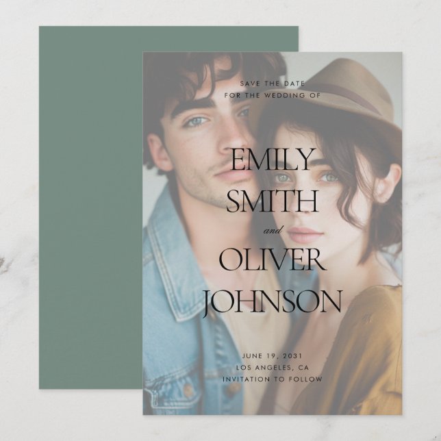 Elegant Modern Ren och Fin Salvia Fullfoto Bröllop Spara Datumet (Fram/baksida)