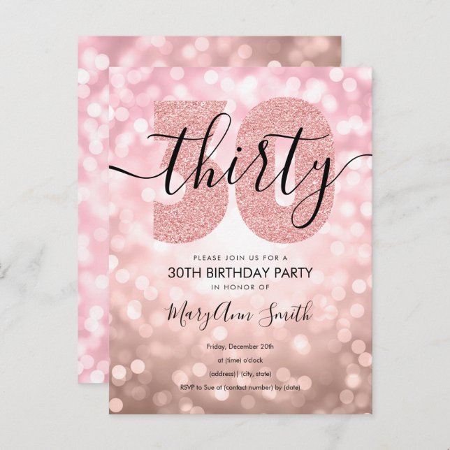 Elegant Modern Ro Guld 30års födelsedag Party Inbjudan Vykort (Fram/baksida)