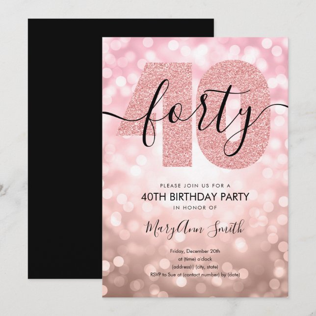 Elegant Modern Ro Guld 40:e födelsedagen Party Inbjudningar (Fram/baksida)