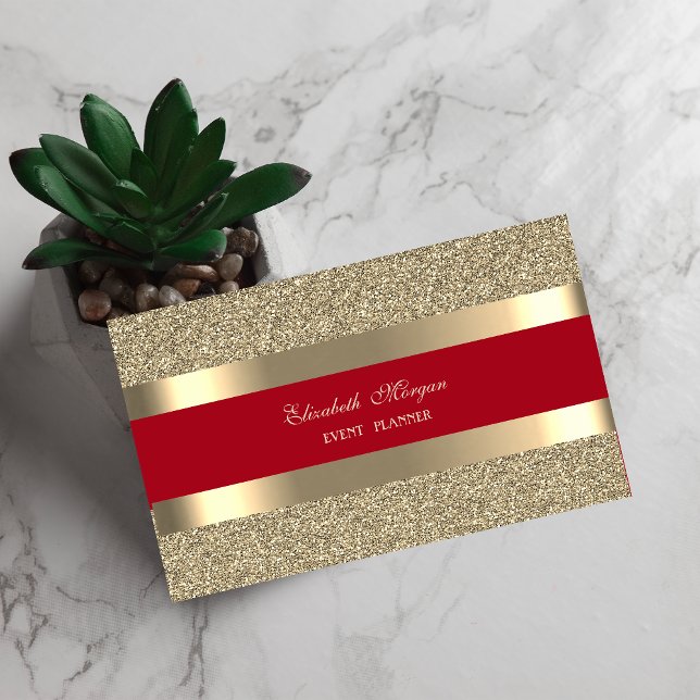 Elegant Modern, Röd Guld Randig Glitter Visitkort (Skapare uppladdad)