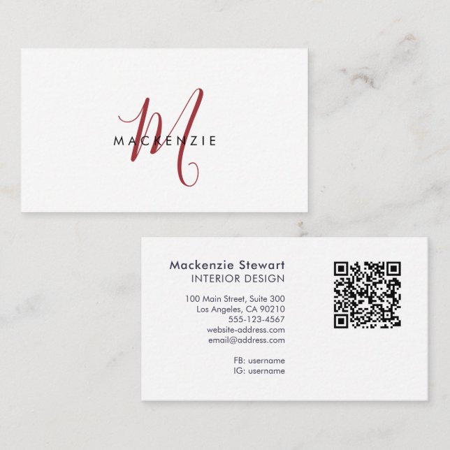 Elegant modern röd script monogram QR-kod Visitkort (Fram/baksida)