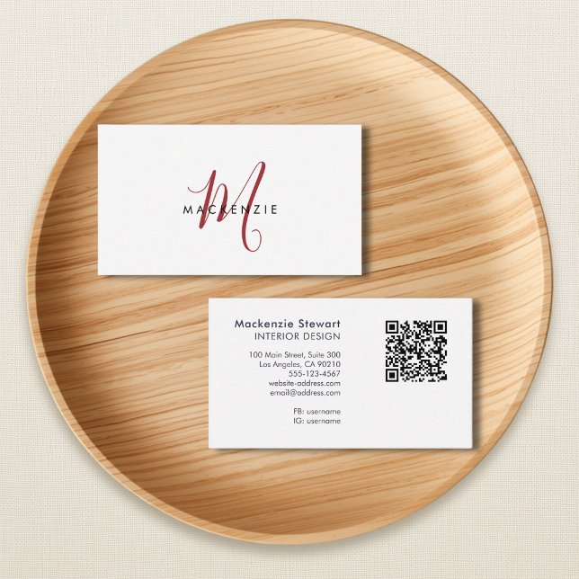Elegant modern röd script monogram QR-kod Visitkort (Skapare uppladdad)